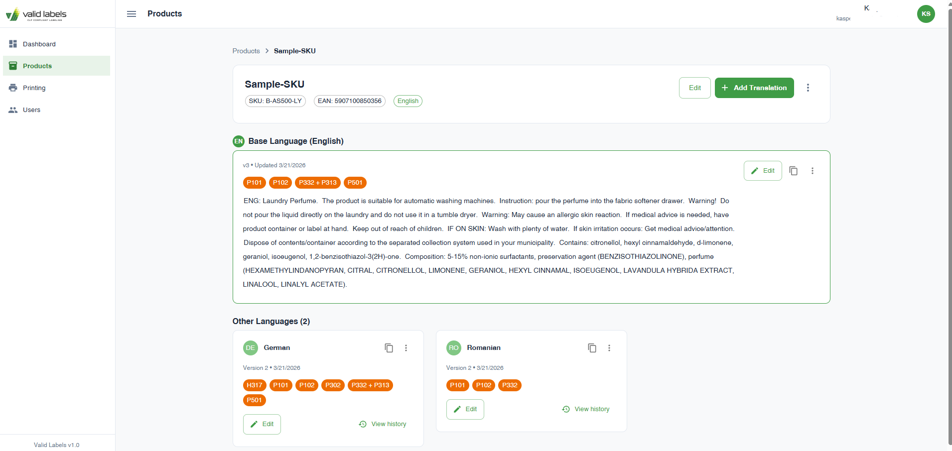 Widok szczegółów produktu ValidLabels — wielojęzyczna zawartość etykiety CLP na SKU